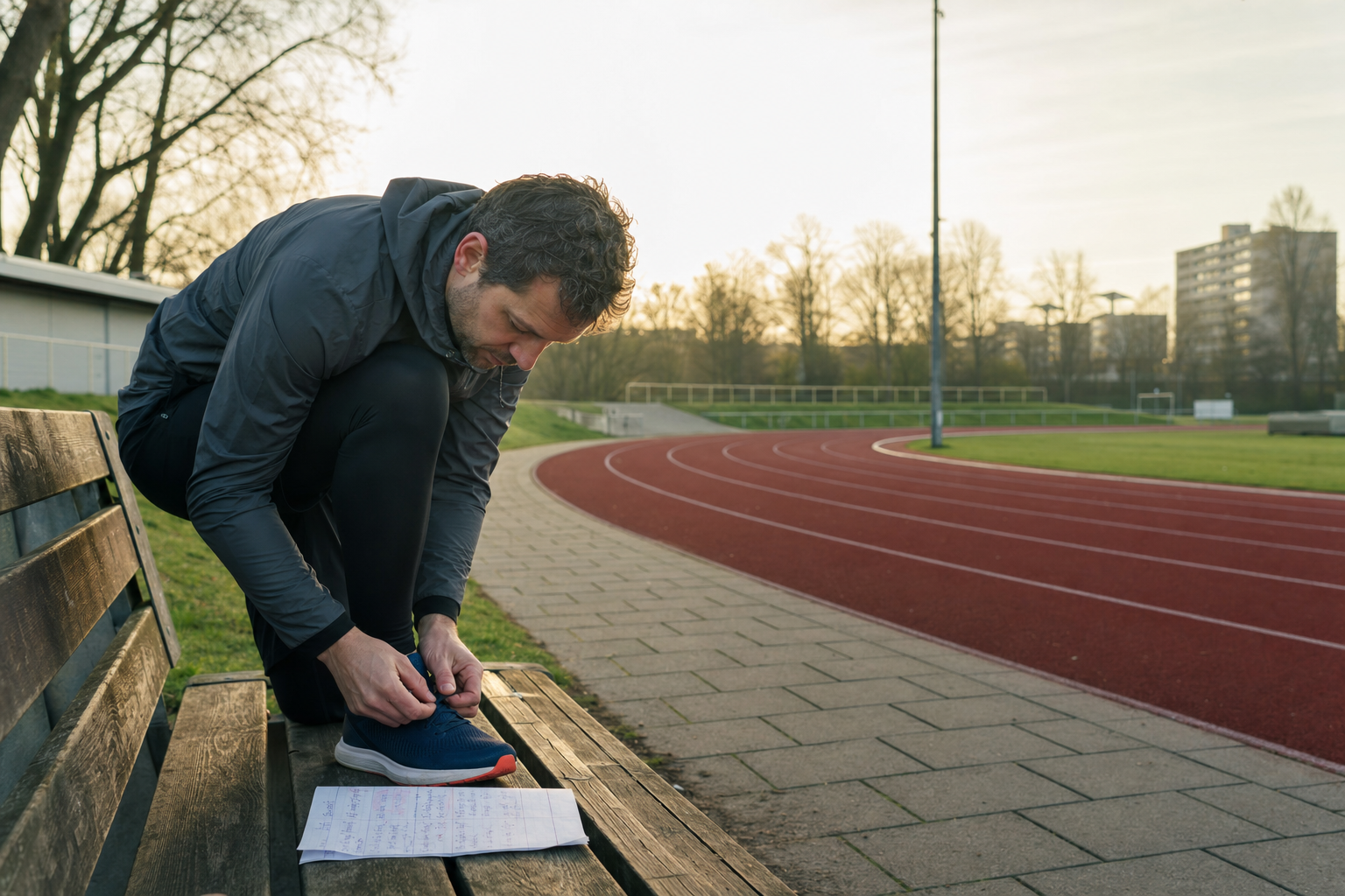 Hardloper strikt zijn schoen naast een rode atletiekbaan