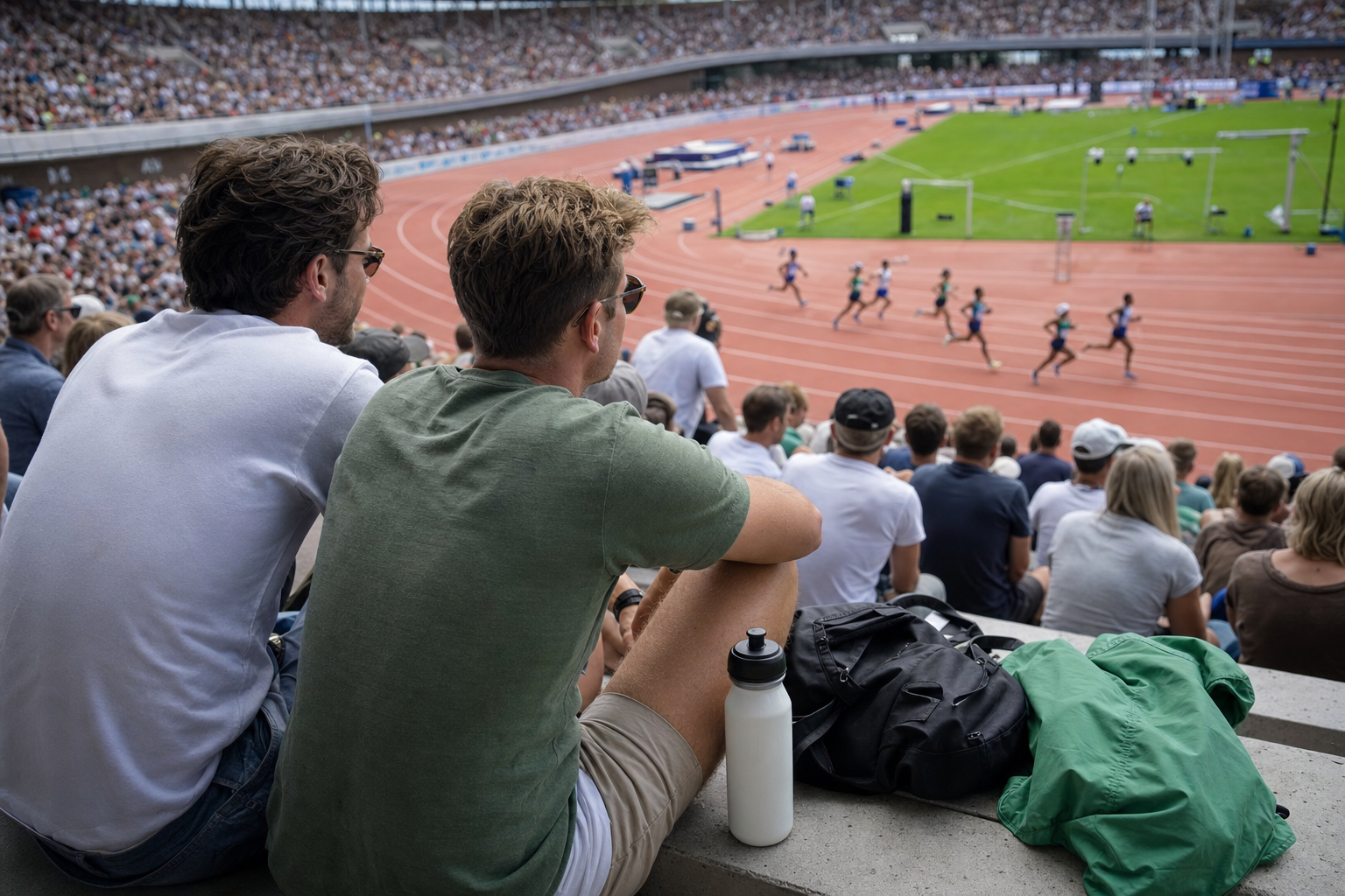 Twee bezoekers kijken vanaf de tribune naar een atletiekwedstrijd